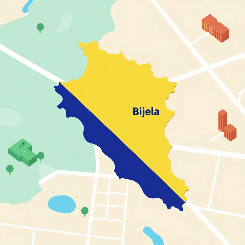 Isometric flat design tourist map of Bijela, Bosnia and Herzegovina showing landmarks, attractions, and points of interest