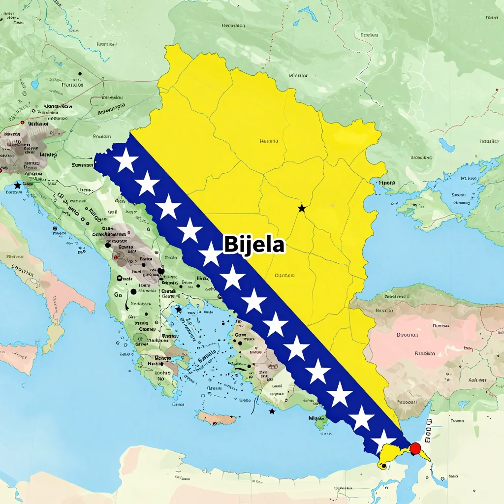 Political map showing borders, administrative divisions, major cities, and capital of Bijela, Bosnia and Herzegovina