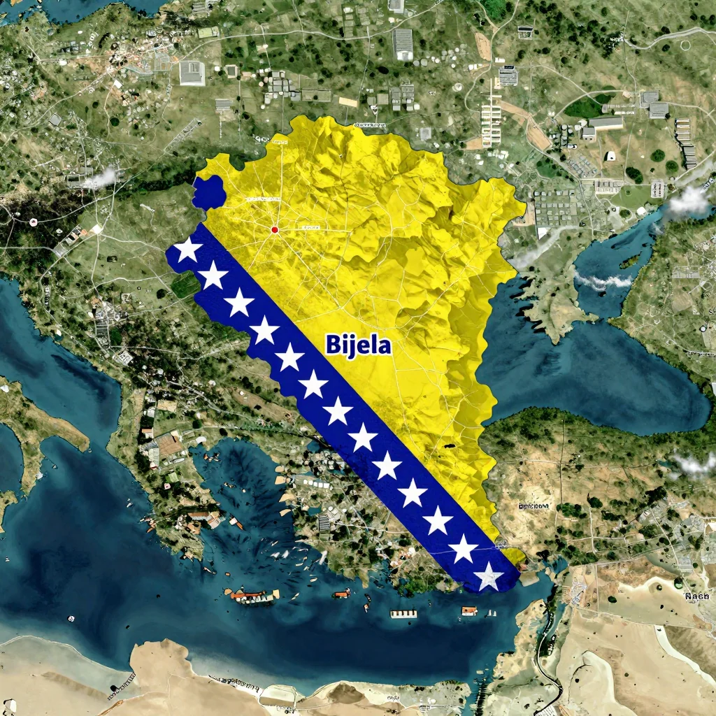High-resolution satellite image of Bijela, Bosnia and Herzegovina showing land cover, urban areas, and natural features from space