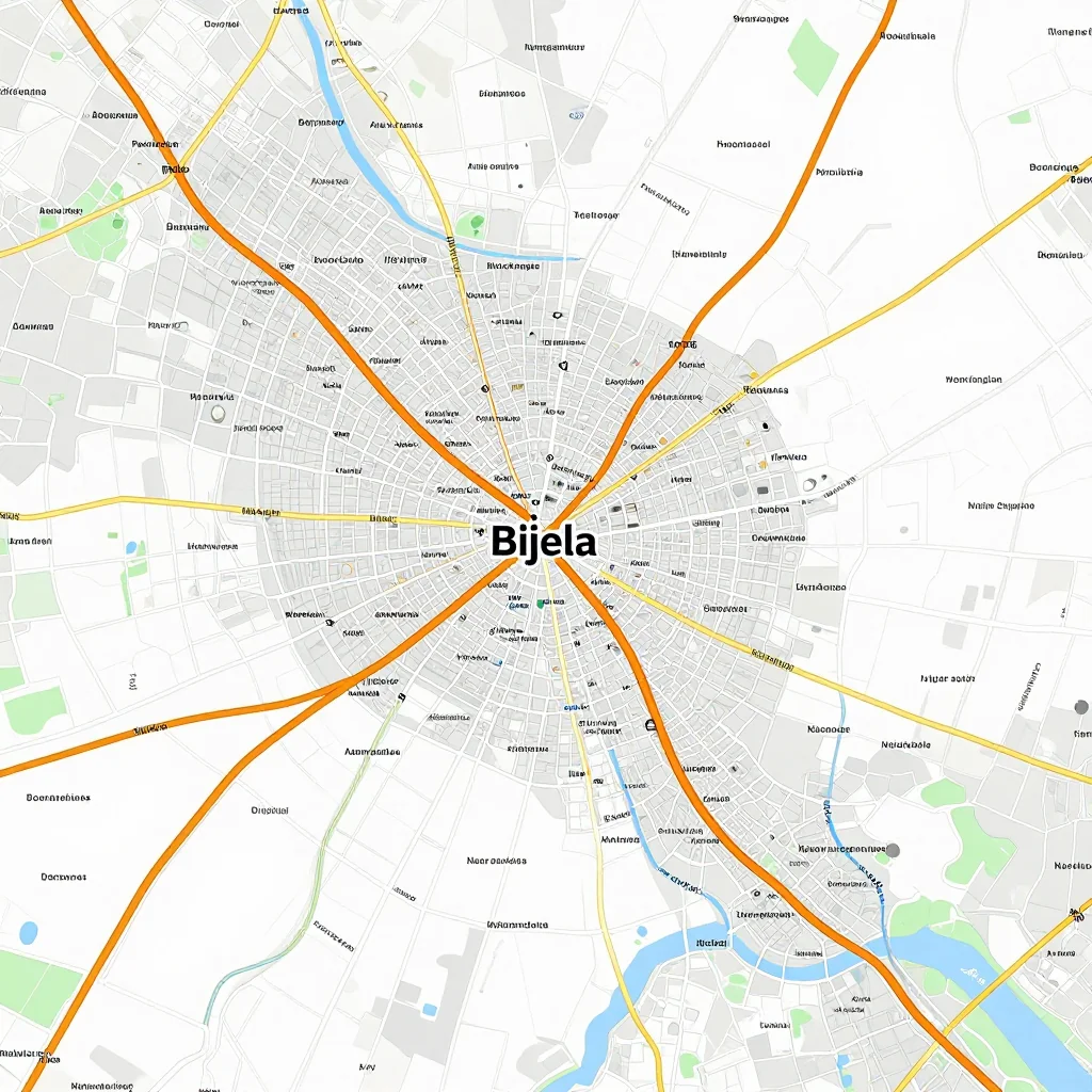Detailed street map showing roads, highways, neighborhoods, and urban layout of Bijela, Bosnia and Herzegovina
