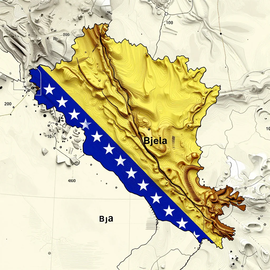 3D topographic map showing elevation contours, mountain ranges, and terrain features of Bijela, Bosnia and Herzegovina