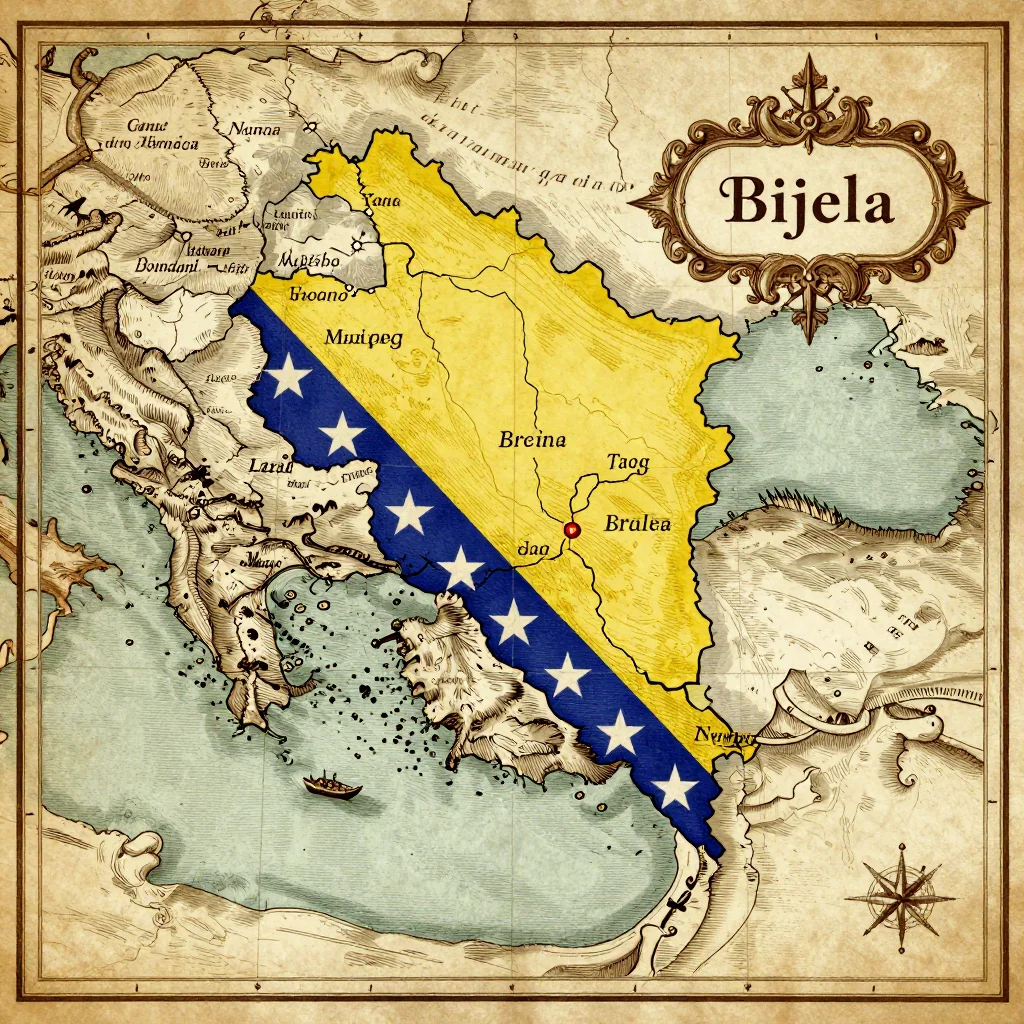 Antique vintage map of Bijela, Bosnia and Herzegovina showing historical cartography style