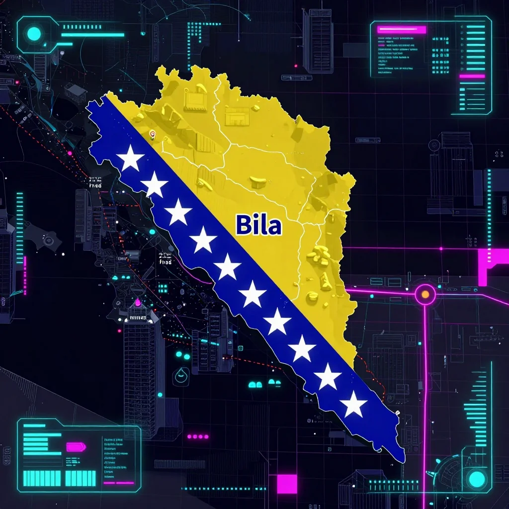 Cyberpunk style digital map of Bila, Bosnia and Herzegovina with neon grid lines and futuristic UI design