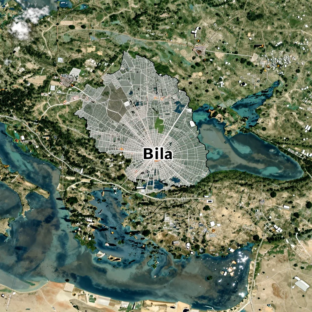 High-resolution satellite image of Bila, Bosnia and Herzegovina showing land cover, urban areas, and natural features from space
