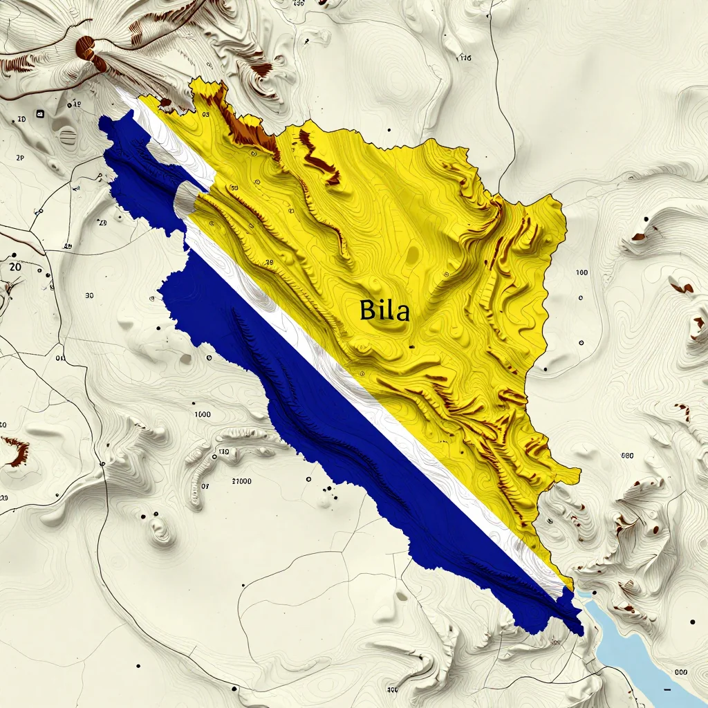 3D topographic map showing elevation contours, mountain ranges, and terrain features of Bila, Bosnia and Herzegovina