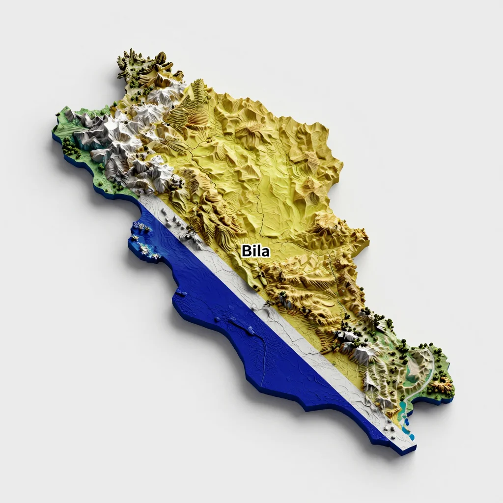 Isometric 3D topographic visualization showing elevation and terrain of Bila, Bosnia and Herzegovina