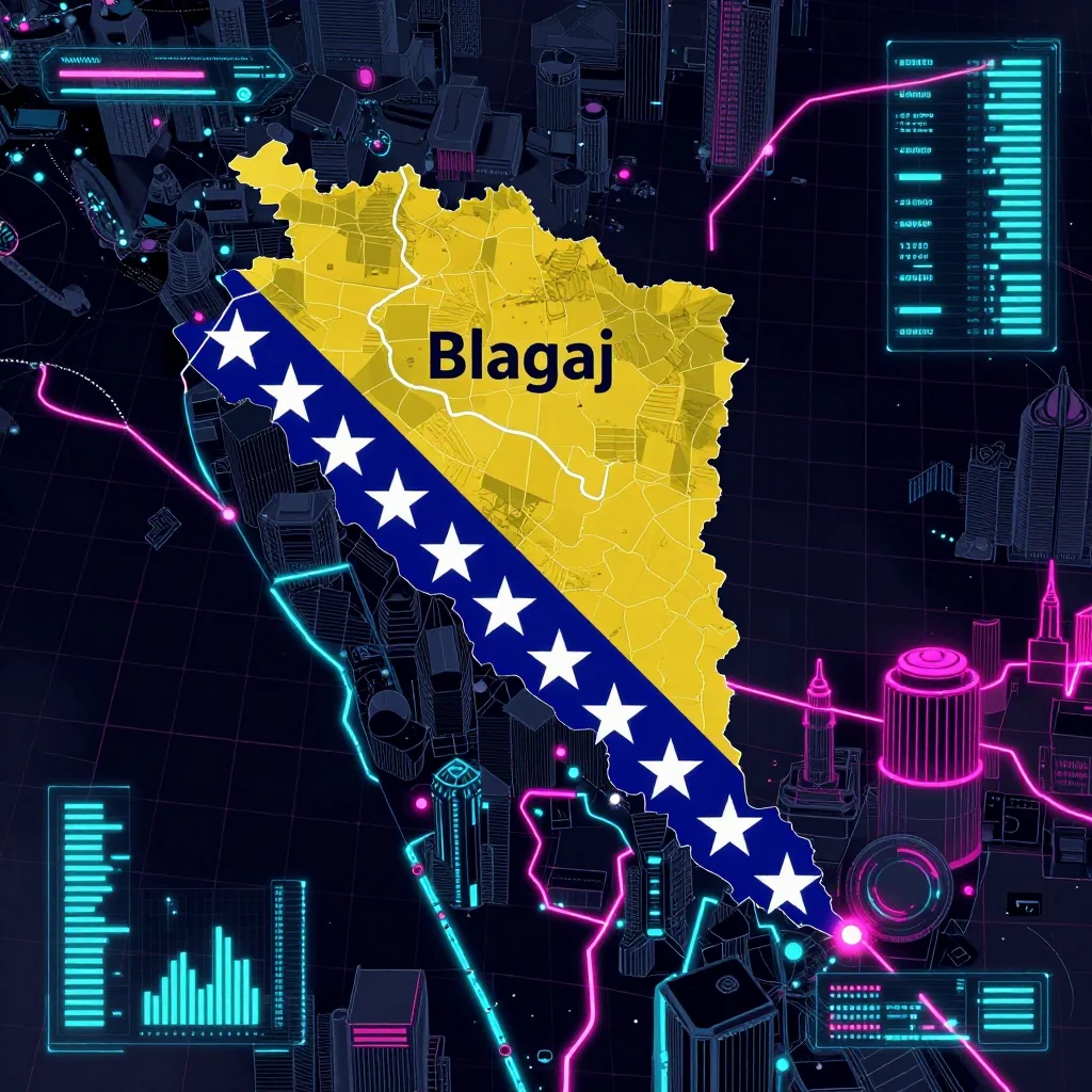 Futuristic Cyberpunk Map of Blagaj, Bosnia and Herzegovina Cyberpunk style digital map of Blagaj, Bosnia and Herzegovina with neon grid lines and futuristic UI design