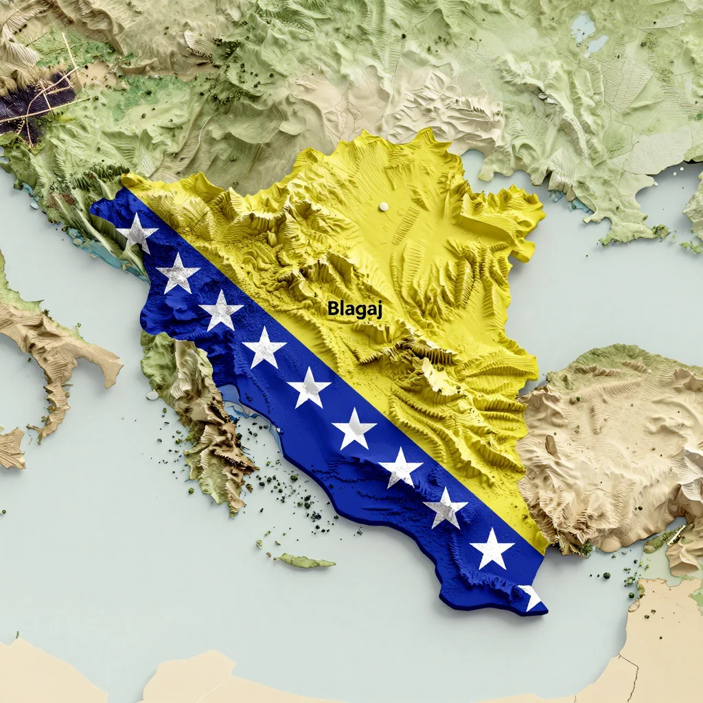 3D Isometric Topographic Map of Blagaj, Bosnia and Herzegovina Isometric 3D topographic visualization showing elevation and terrain of Blagaj, Bosnia and Herzegovina
