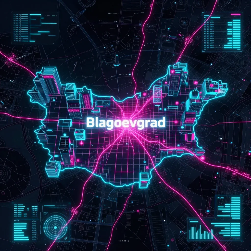 Cyberpunk style digital map of Blagoevgrad, Bulgaria with neon grid lines and futuristic UI design