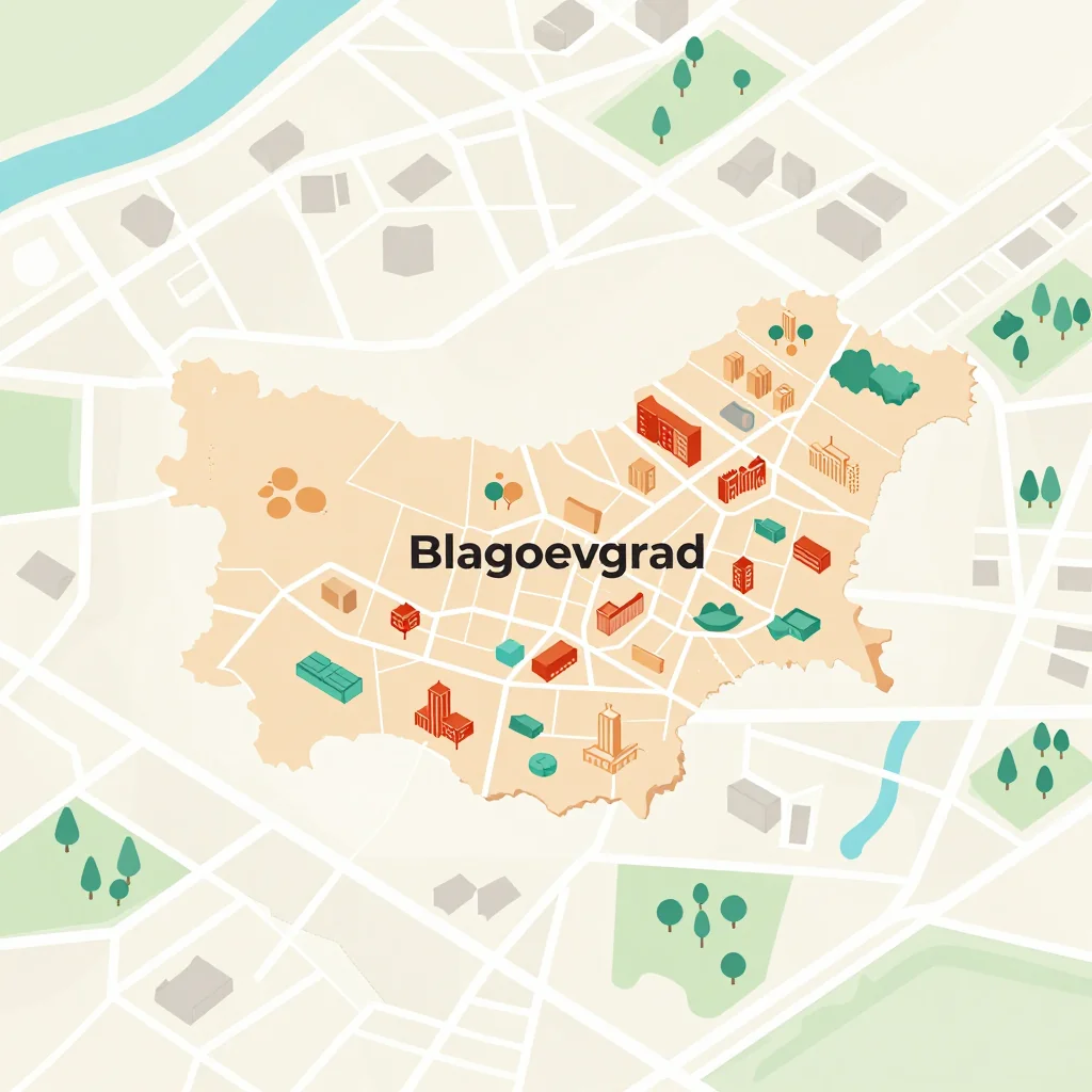 Isometric flat design tourist map of Blagoevgrad, Bulgaria showing landmarks, attractions, and points of interest