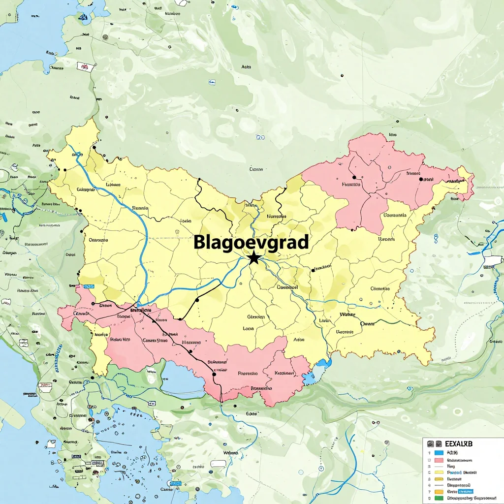 Political map showing borders, administrative divisions, major cities, and capital of Blagoevgrad, Bulgaria
