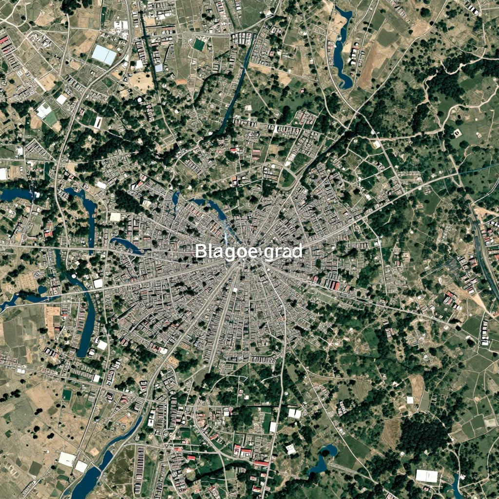 High-resolution satellite image of Blagoevgrad, Bulgaria showing land cover, urban areas, and natural features from space