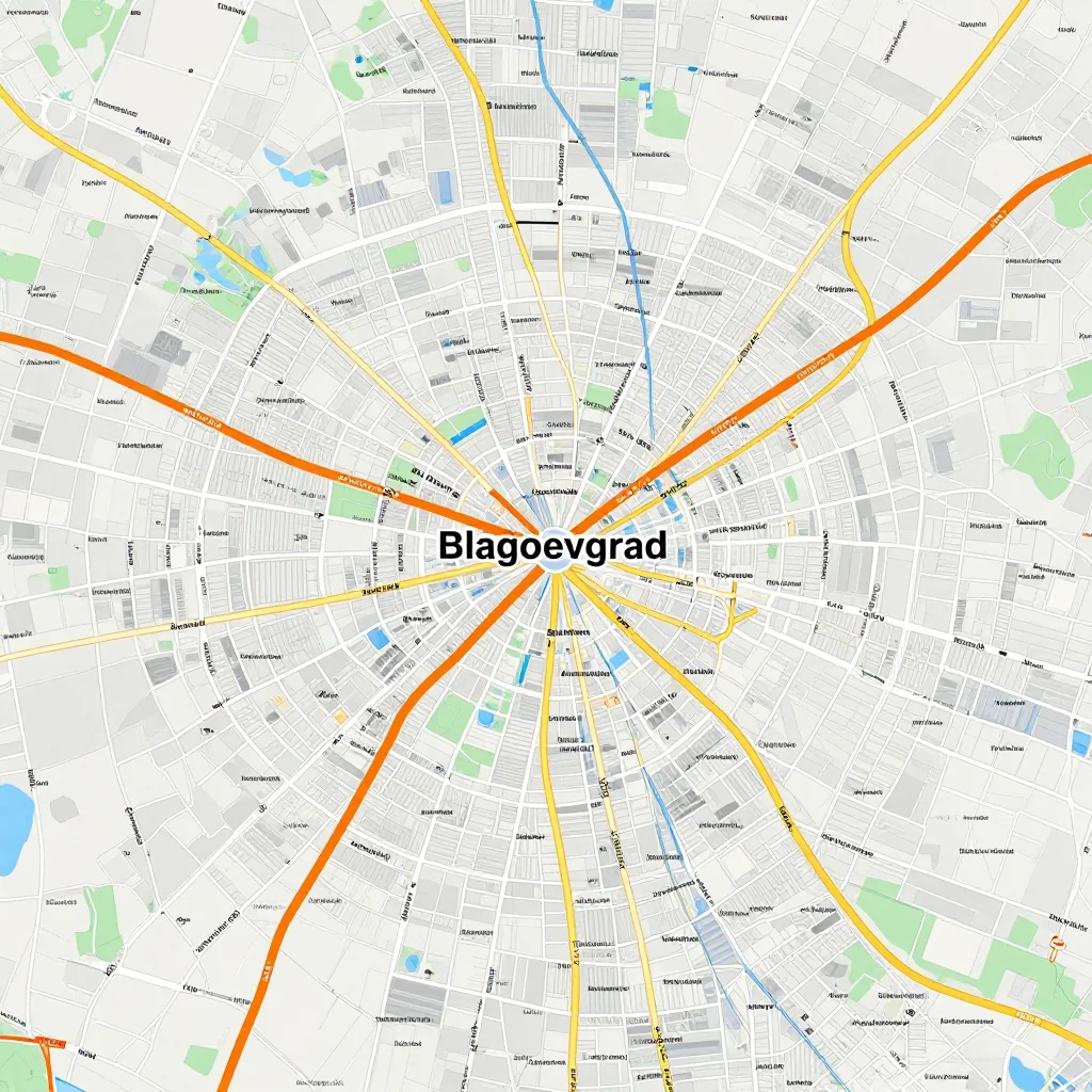 Detailed street map showing roads, highways, neighborhoods, and urban layout of Blagoevgrad, Bulgaria