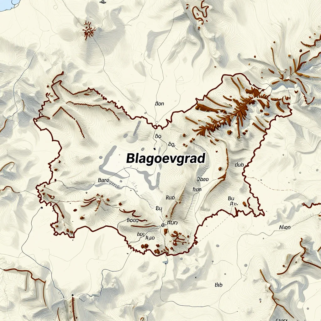 3D topographic map showing elevation contours, mountain ranges, and terrain features of Blagoevgrad, Bulgaria