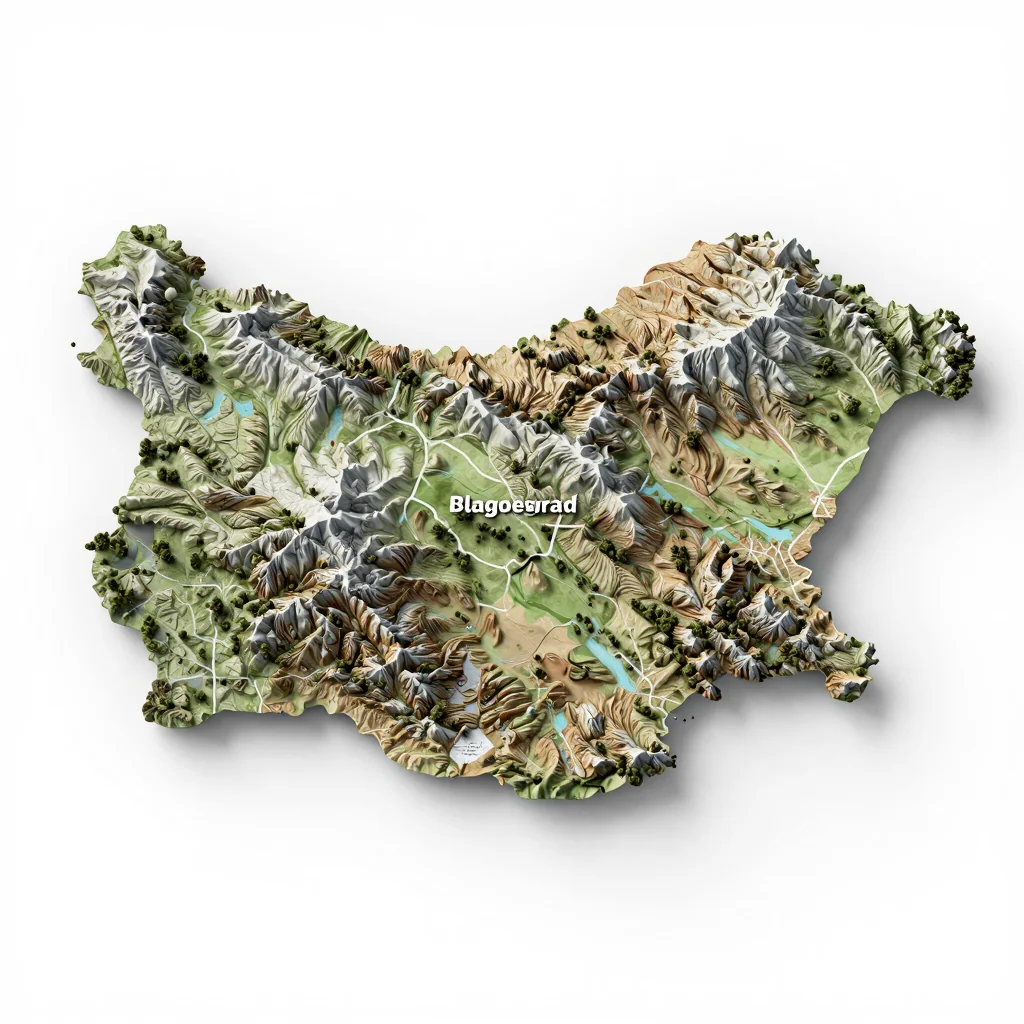 Isometric 3D topographic visualization showing elevation and terrain of Blagoevgrad, Bulgaria