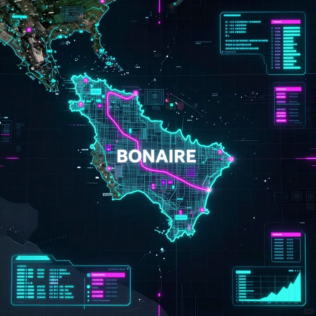 Cyberpunk style digital map of Bonaire with neon grid lines and futuristic UI design