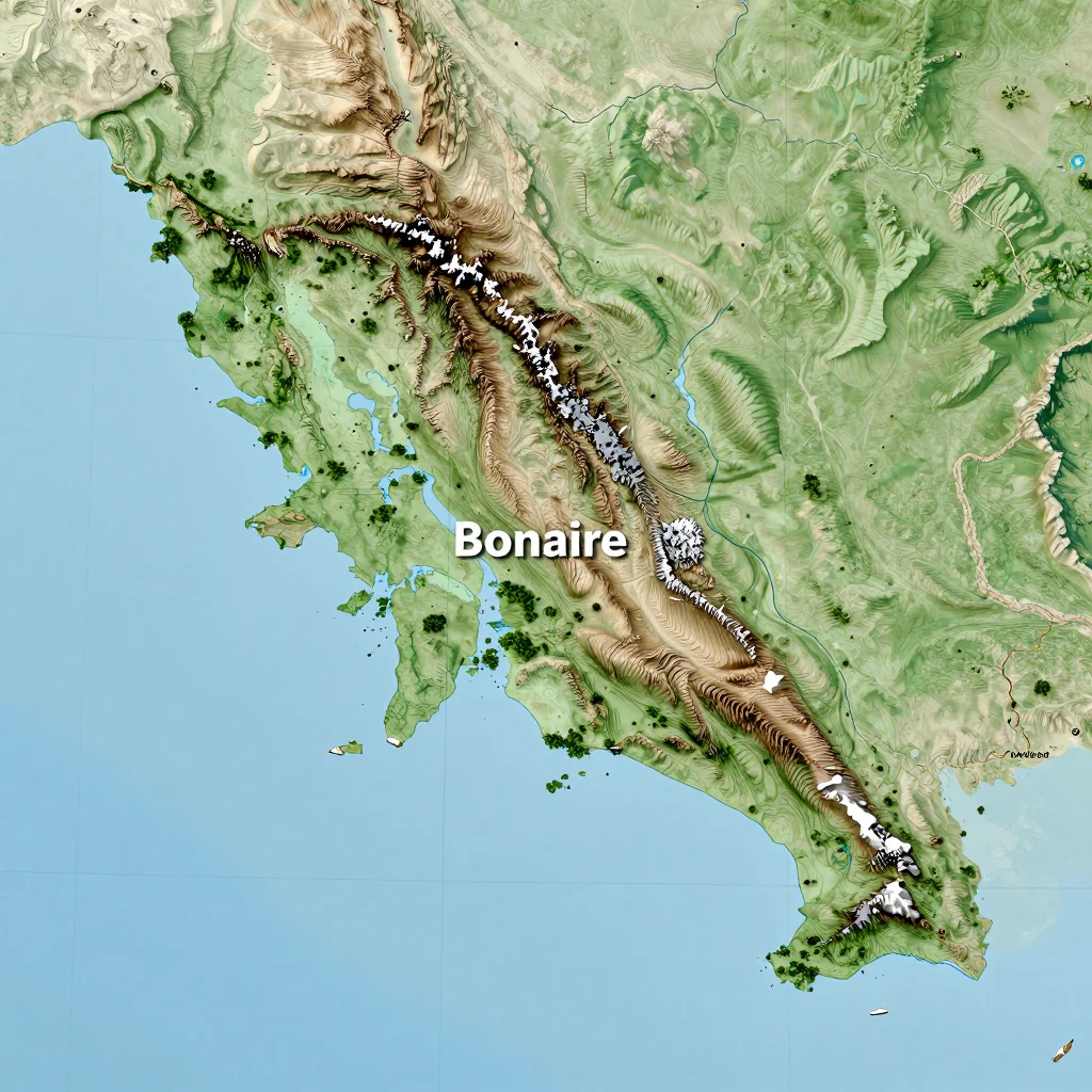 Physical geography map showing terrain, mountains, rivers, and natural features of Bonaire