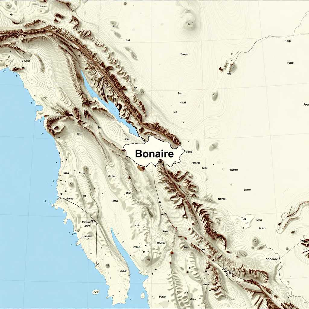 3D topographic map showing elevation contours, mountain ranges, and terrain features of Bonaire
