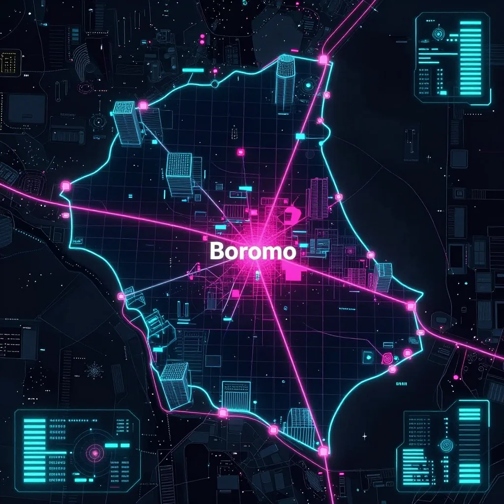 Cyberpunk style digital map of Boromo, Burkina Faso with neon grid lines and futuristic UI design