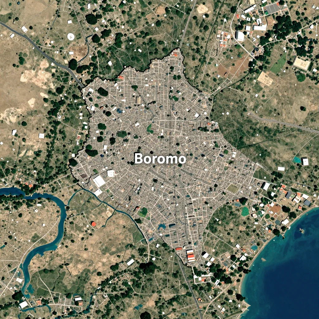 High-resolution satellite image of Boromo, Burkina Faso showing land cover, urban areas, and natural features from space
