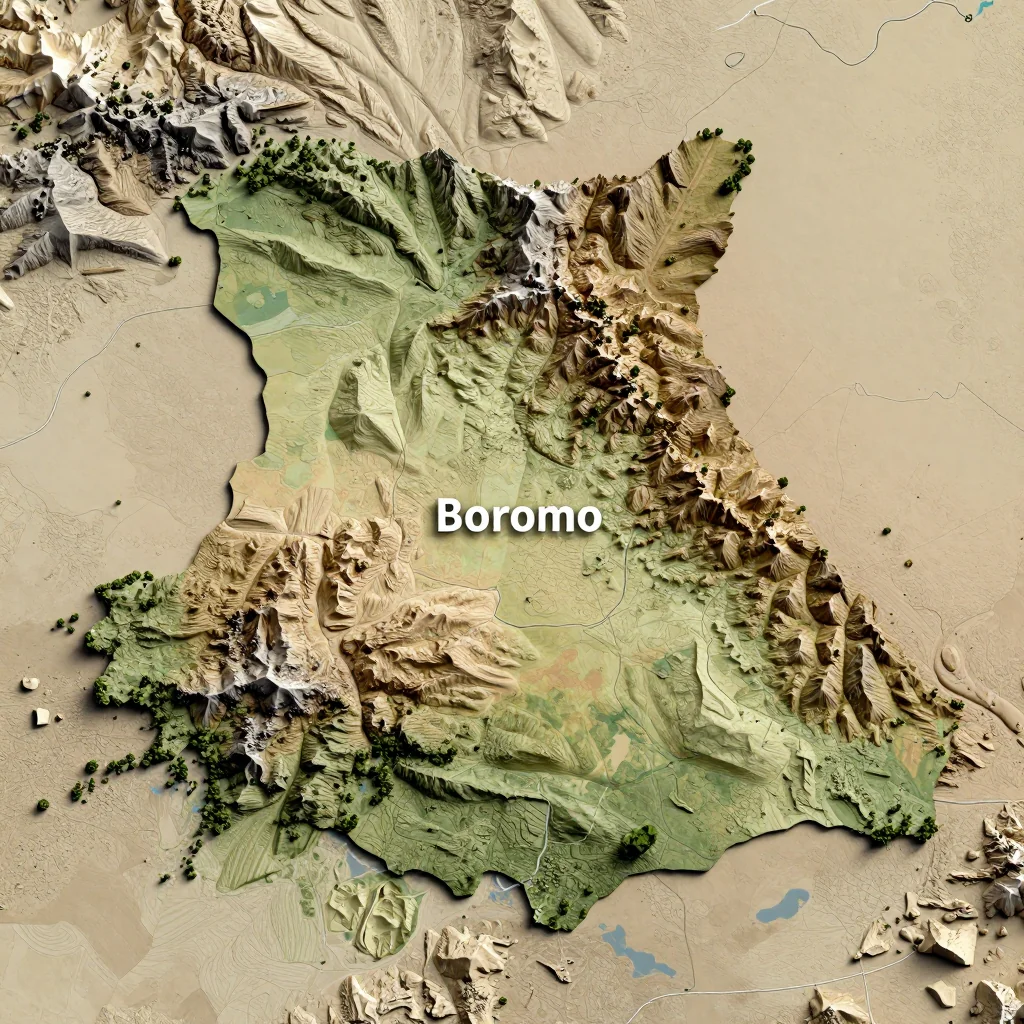 Isometric 3D topographic visualization showing elevation and terrain of Boromo, Burkina Faso