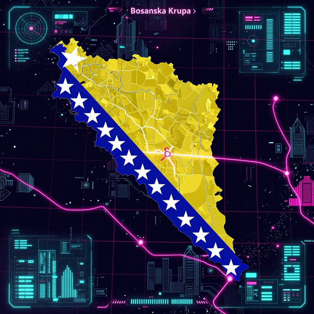 Cyberpunk style digital map of Bosanska Krupa, Bosnia and Herzegovina with neon grid lines and futuristic UI design