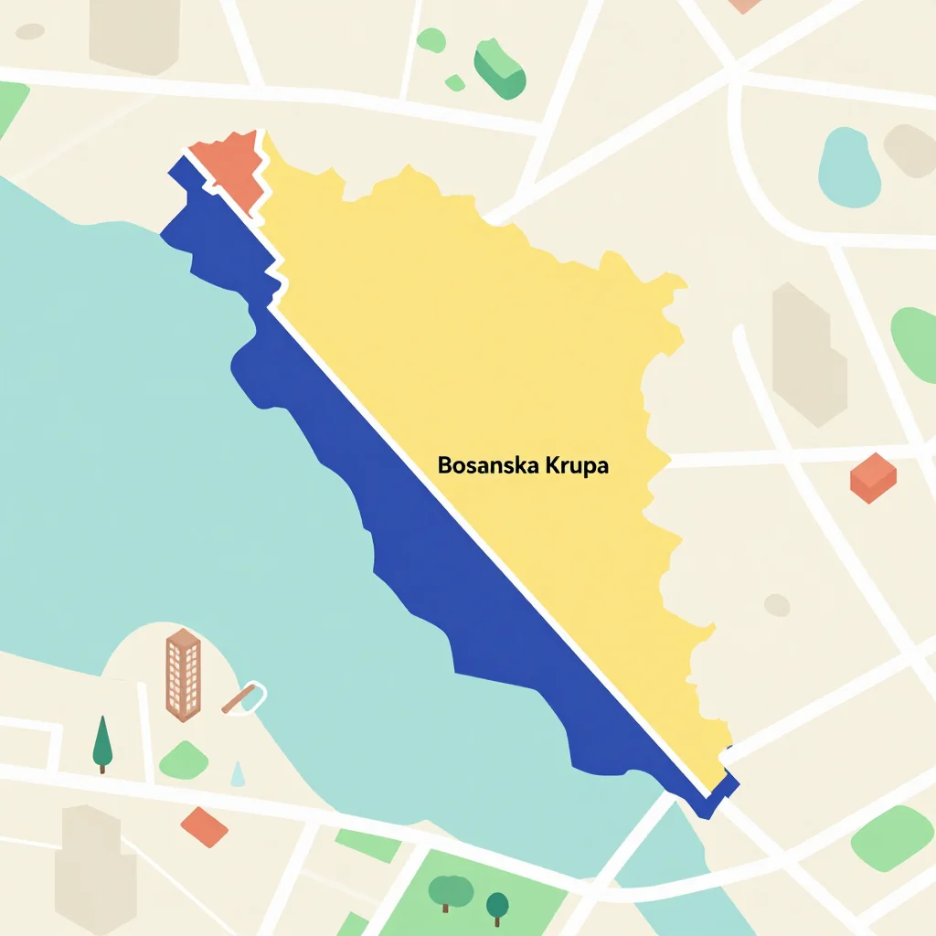 Isometric flat design tourist map of Bosanska Krupa, Bosnia and Herzegovina showing landmarks, attractions, and points of interest