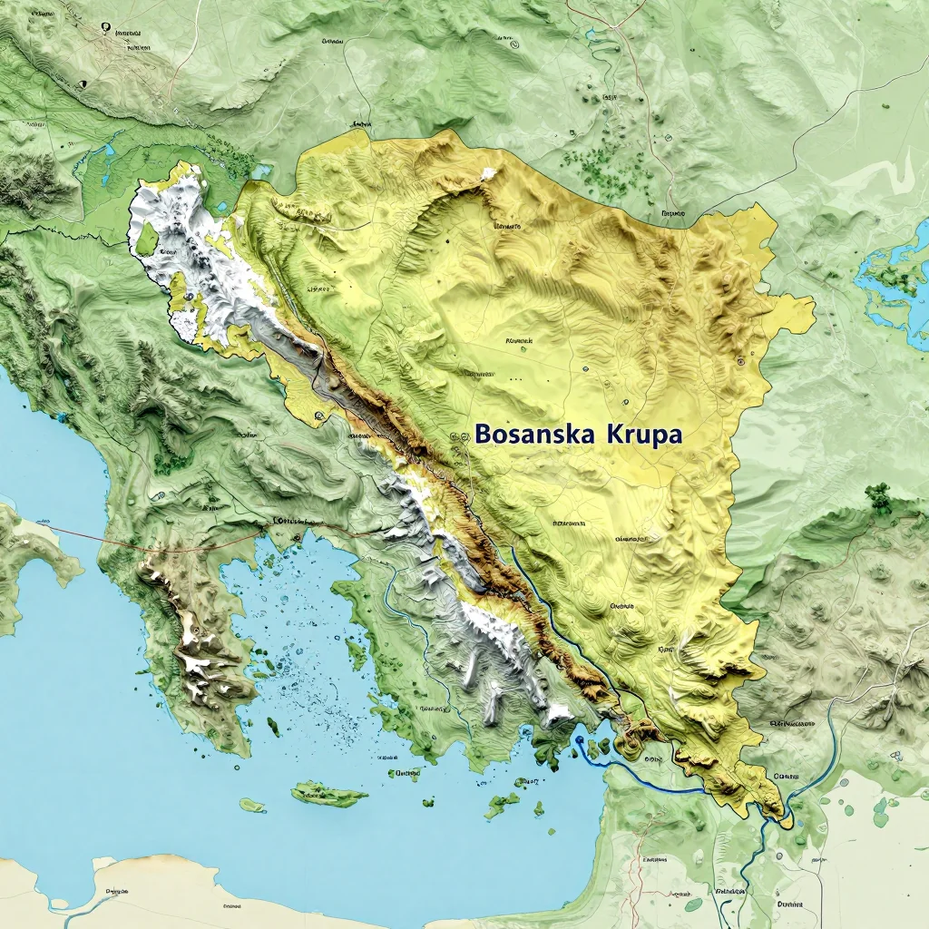 Physical geography map showing terrain, mountains, rivers, and natural features of Bosanska Krupa, Bosnia and Herzegovina