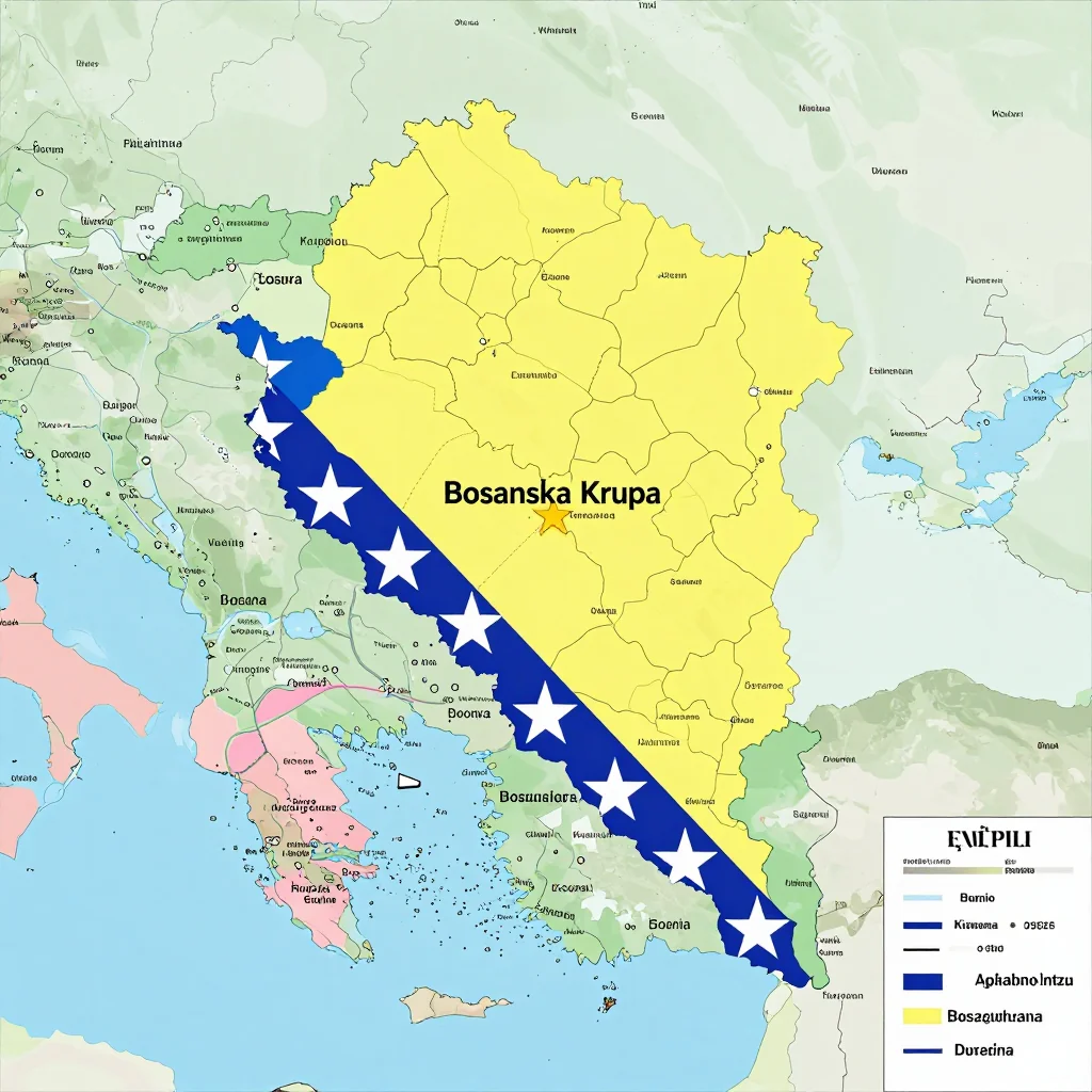 Political map showing borders, administrative divisions, major cities, and capital of Bosanska Krupa, Bosnia and Herzegovina