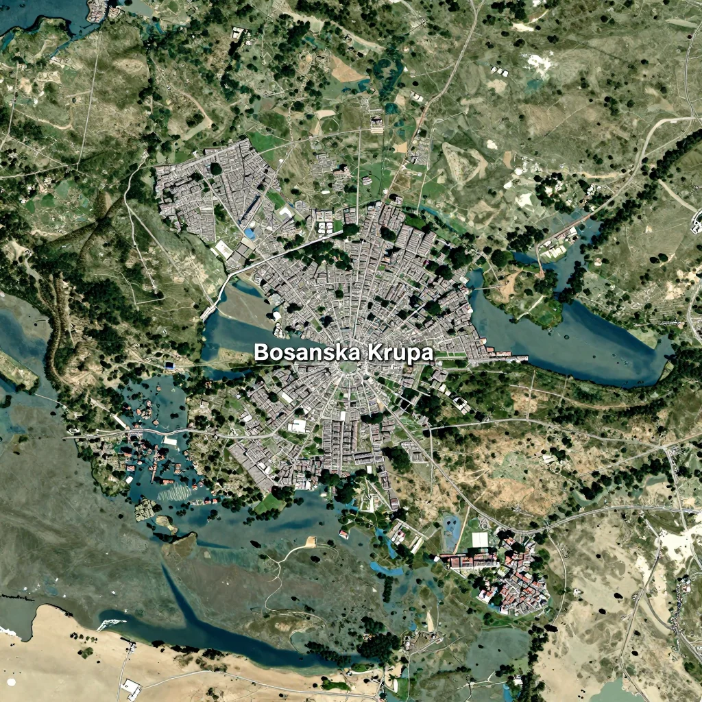 High-resolution satellite image of Bosanska Krupa, Bosnia and Herzegovina showing land cover, urban areas, and natural features from space