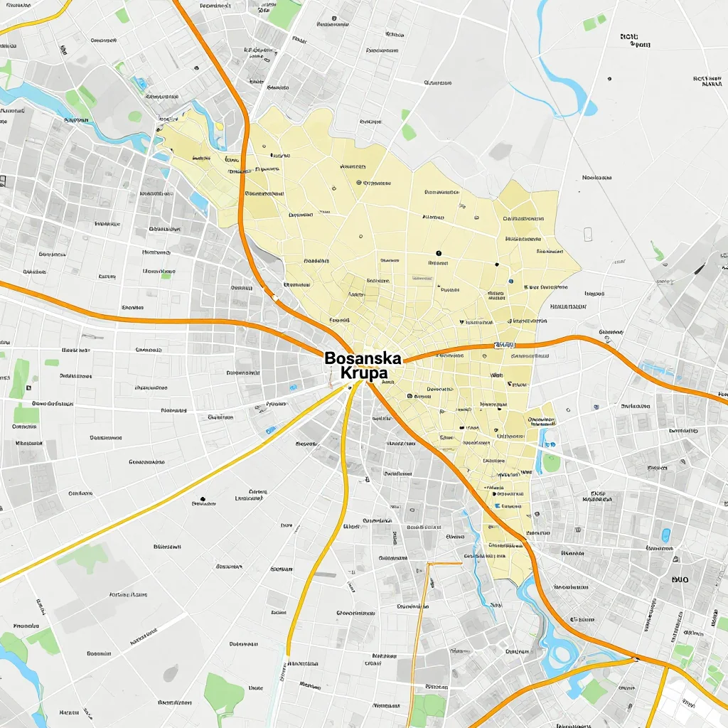Detailed street map showing roads, highways, neighborhoods, and urban layout of Bosanska Krupa, Bosnia and Herzegovina