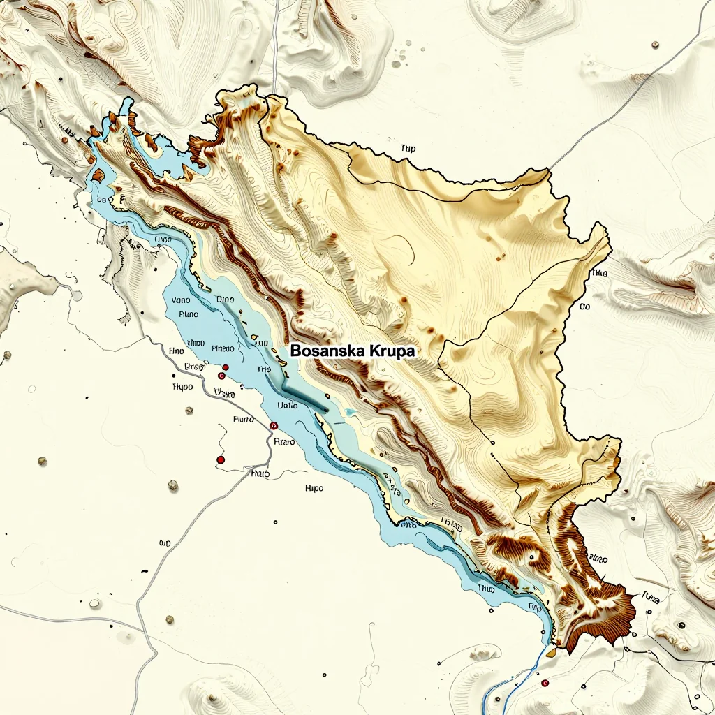 3D topographic map showing elevation contours, mountain ranges, and terrain features of Bosanska Krupa, Bosnia and Herzegovina