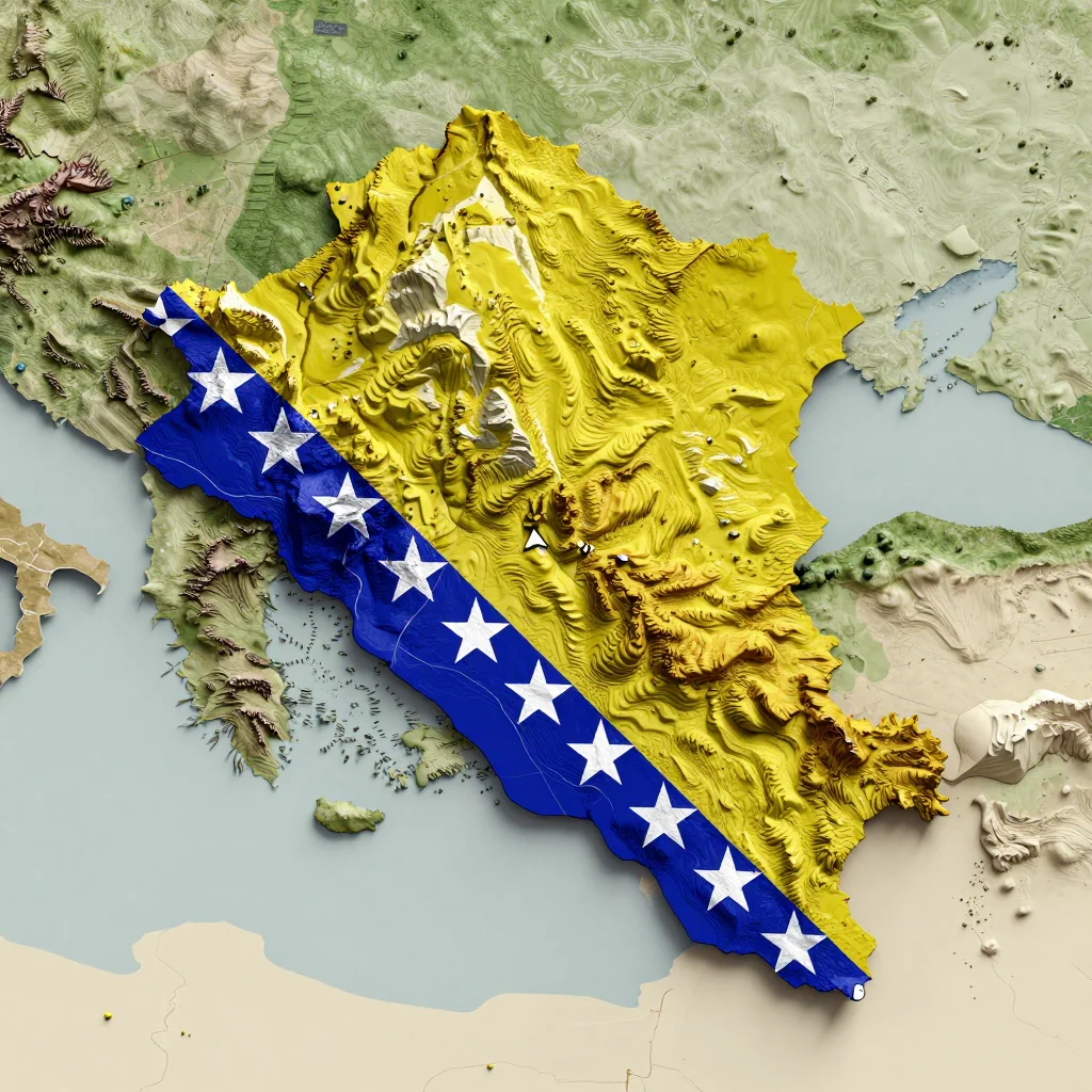 Isometric 3D topographic visualization showing elevation and terrain of Bosanska Krupa, Bosnia and Herzegovina