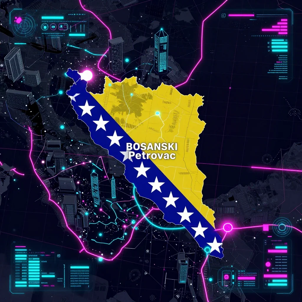 Cyberpunk style digital map of Bosanski Petrovac, Bosnia and Herzegovina with neon grid lines and futuristic UI design