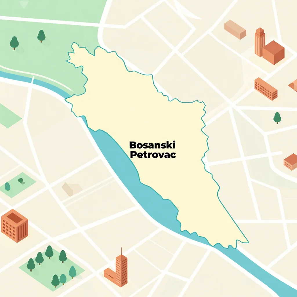 Isometric flat design tourist map of Bosanski Petrovac, Bosnia and Herzegovina showing landmarks, attractions, and points of interest
