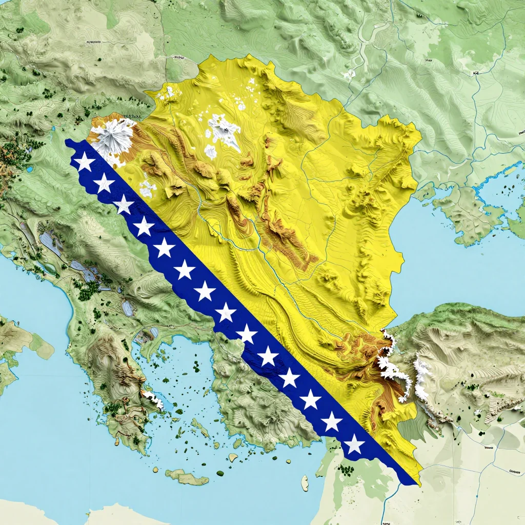 Physical geography map showing terrain, mountains, rivers, and natural features of Bosanski Petrovac, Bosnia and Herzegovina