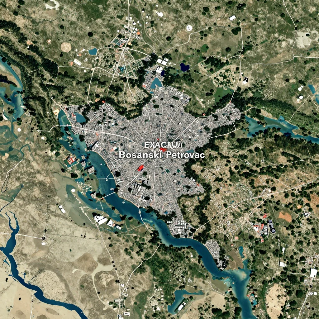 High-resolution satellite image of Bosanski Petrovac, Bosnia and Herzegovina showing land cover, urban areas, and natural features from space