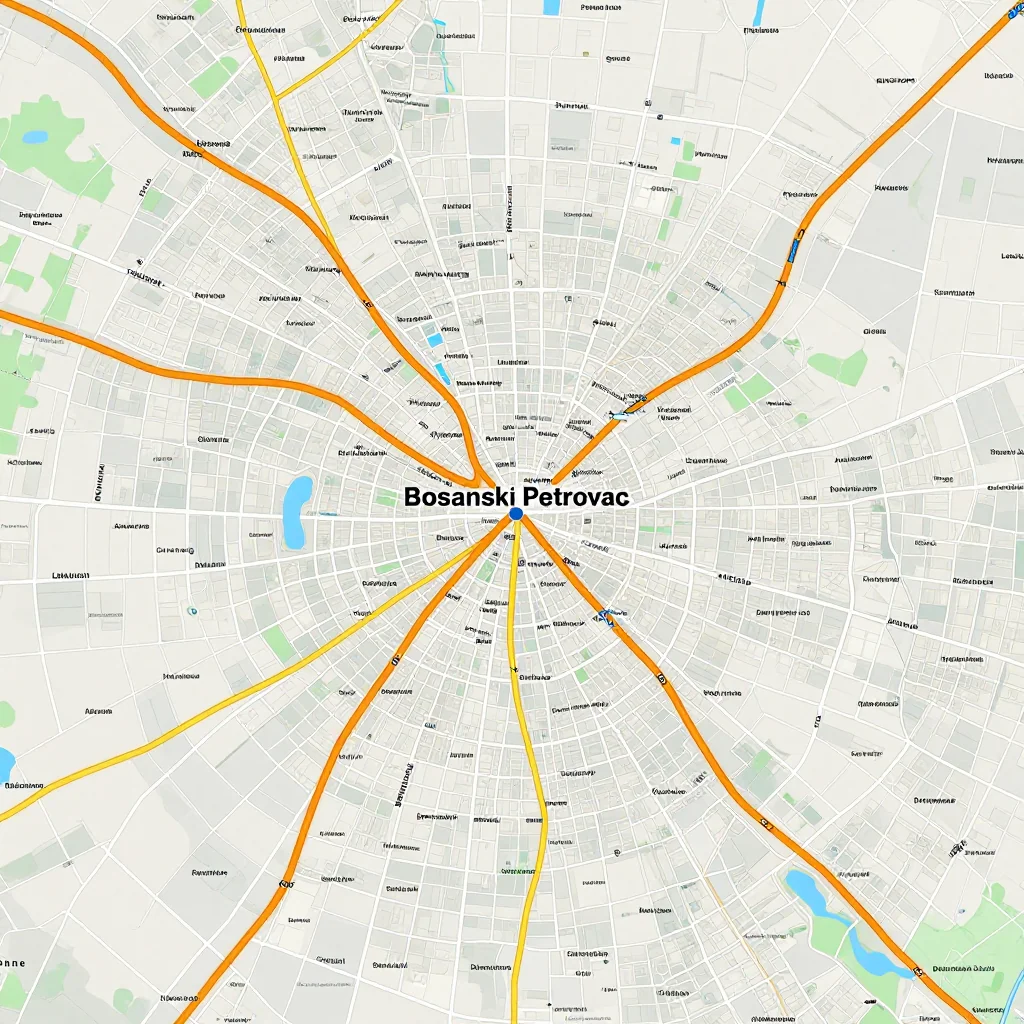 Detailed street map showing roads, highways, neighborhoods, and urban layout of Bosanski Petrovac, Bosnia and Herzegovina