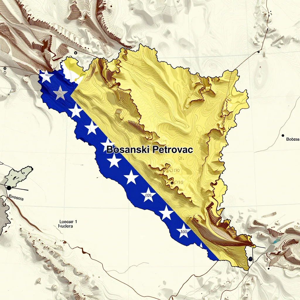 3D topographic map showing elevation contours, mountain ranges, and terrain features of Bosanski Petrovac, Bosnia and Herzegovina
