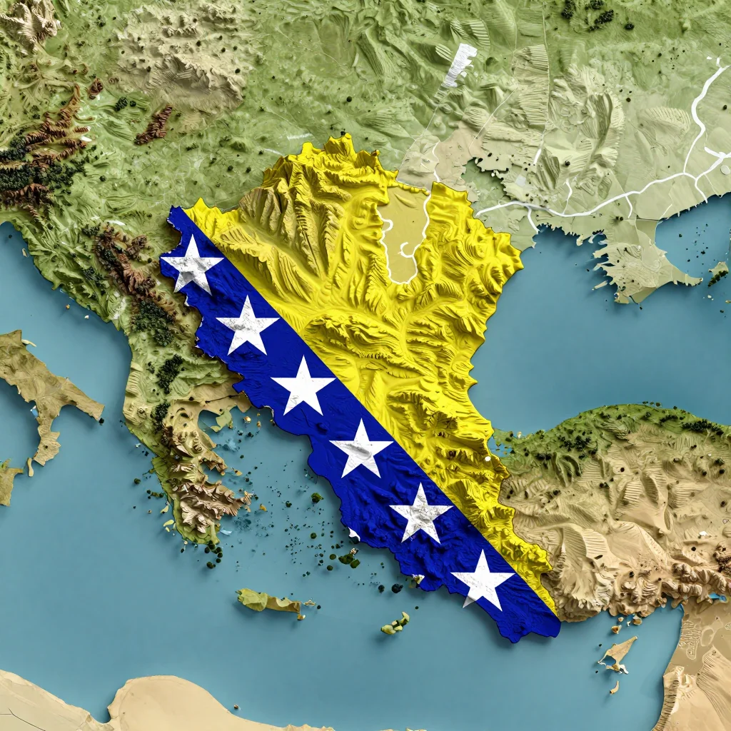 Isometric 3D topographic visualization showing elevation and terrain of Bosanski Petrovac, Bosnia and Herzegovina