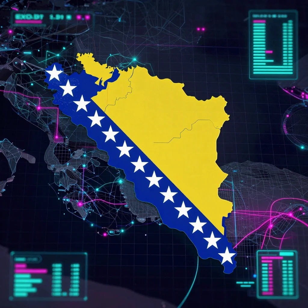 Cyberpunk style digital map of Bosnia and Herzegovina with neon grid lines and futuristic UI design