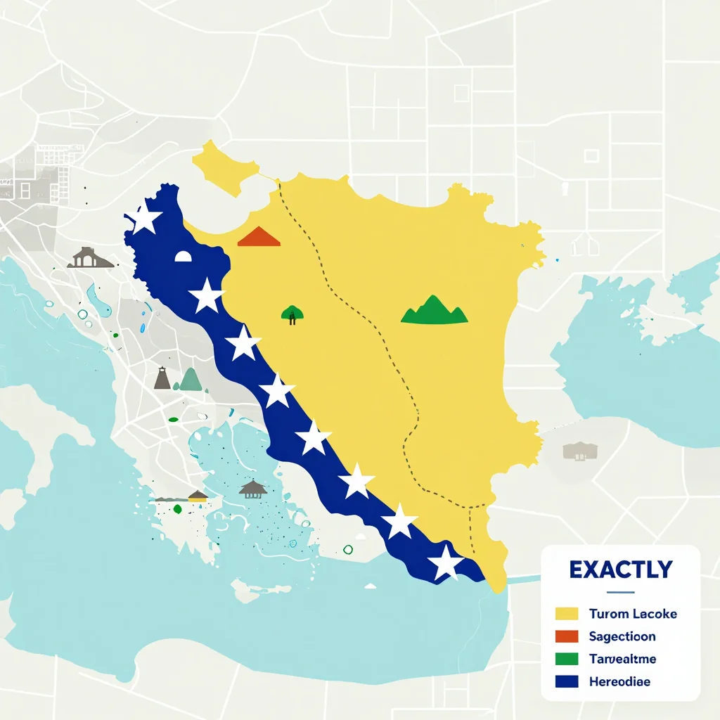 Isometric flat design tourist map of Bosnia and Herzegovina showing landmarks, attractions, and points of interest