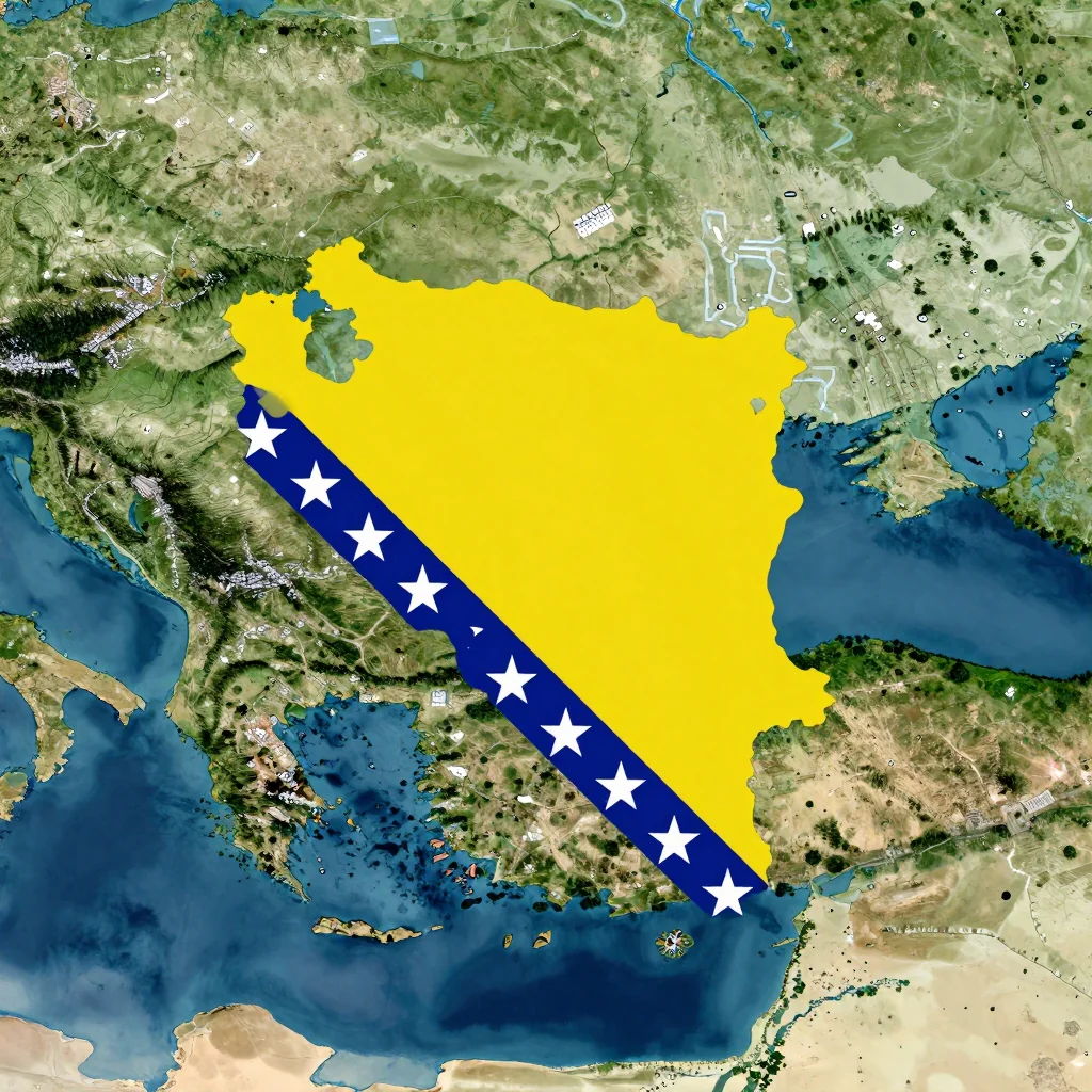 High-resolution satellite image of Bosnia and Herzegovina showing land cover, urban areas, and natural features from space