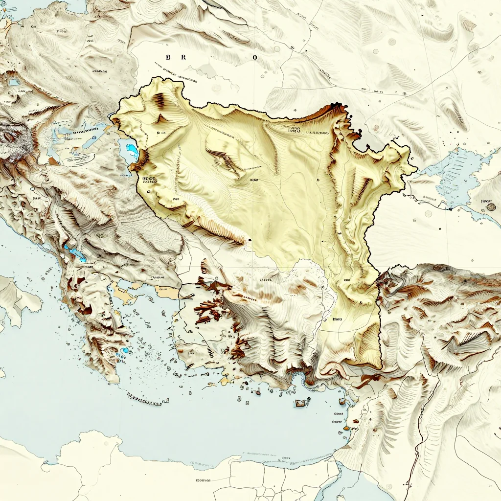 3D topographic map showing elevation contours, mountain ranges, and terrain features of Bosnia and Herzegovina