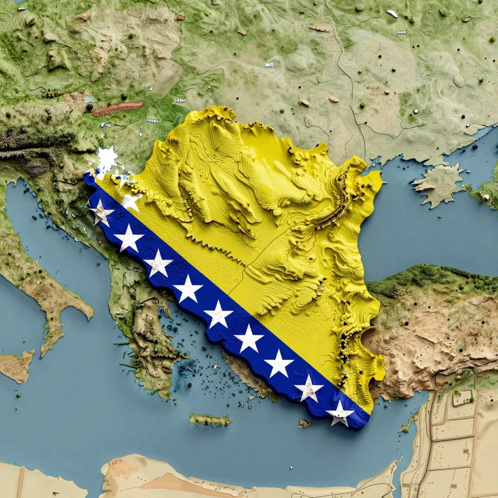 Isometric 3D topographic visualization showing elevation and terrain of Bosnia and Herzegovina