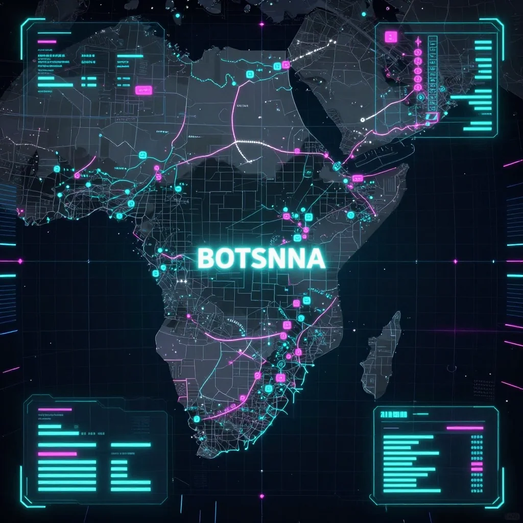 Futuristic Cyberpunk Map of Botswana Cyberpunk style digital map of Botswana with neon grid lines and futuristic UI design