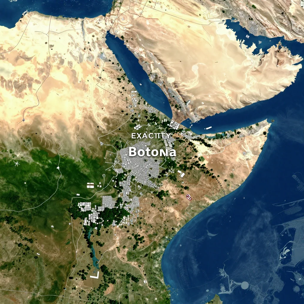 Satellite View of Botswana from Space High-resolution satellite image of Botswana showing land cover, urban areas, and natural features from space
