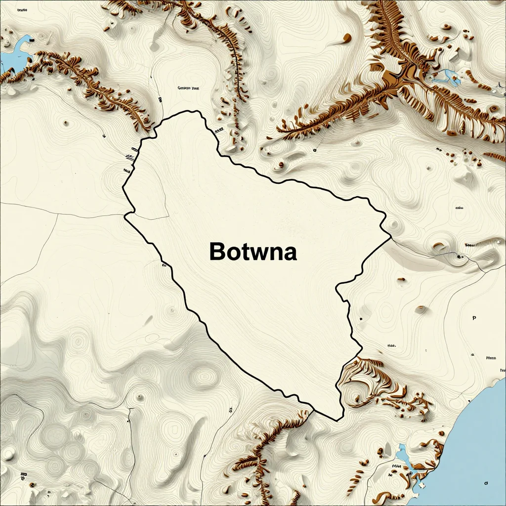 Topographic Relief Map of Botswana 3D topographic map showing elevation contours, mountain ranges, and terrain features of Botswana