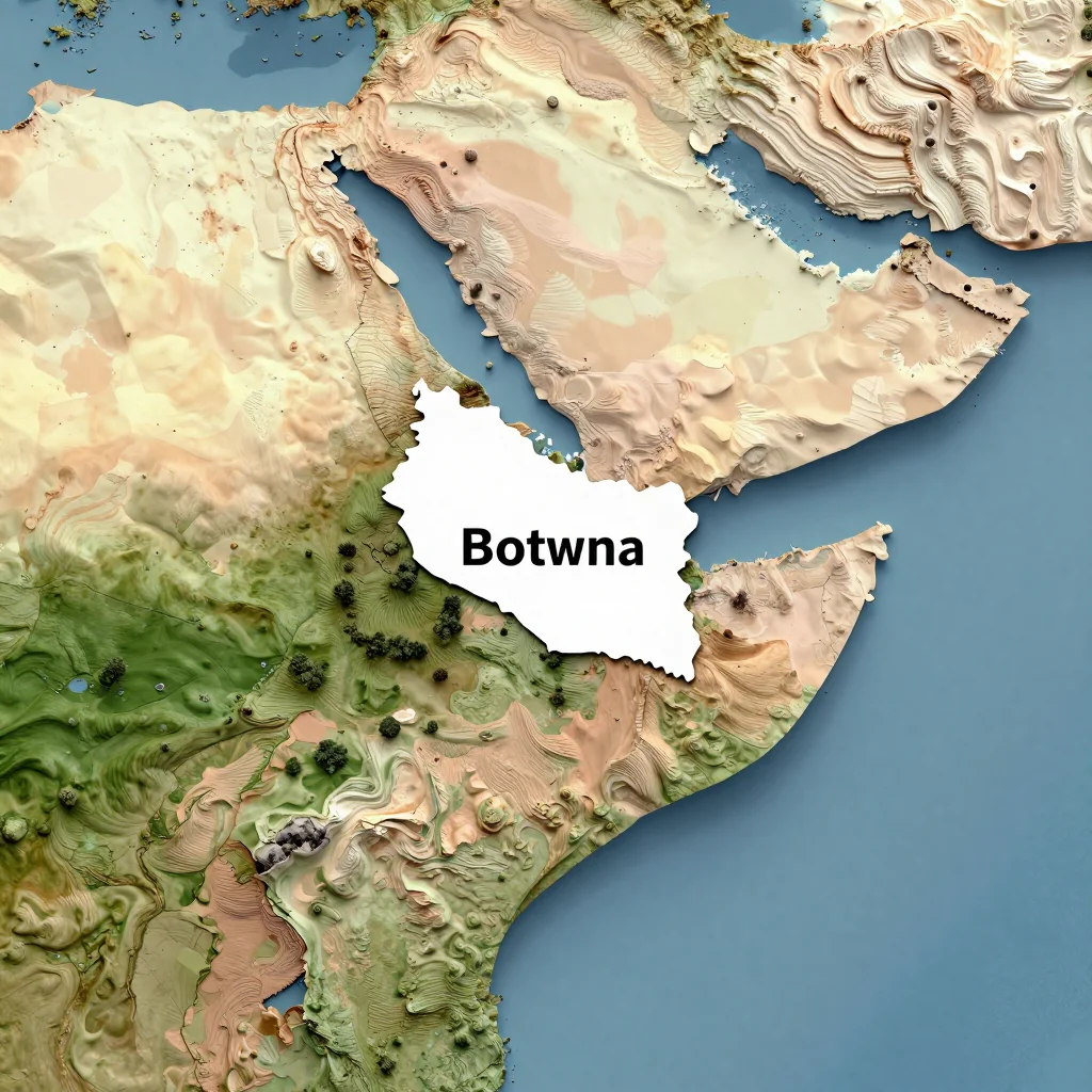 3D Isometric Topographic Map of Botswana Isometric 3D topographic visualization showing elevation and terrain of Botswana