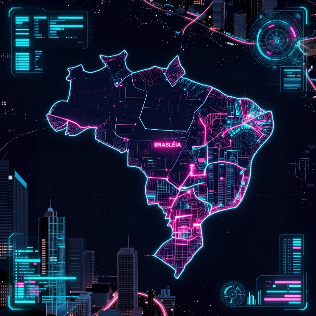 Cyberpunk style digital map of Brasiléia, Brazil with neon grid lines and futuristic UI design